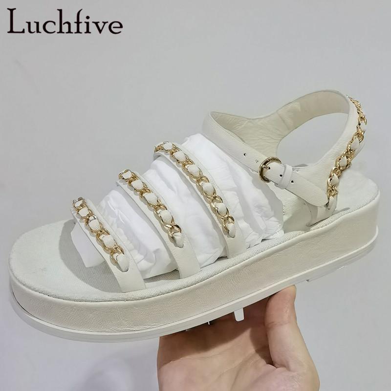 

Dress Shoes Sexy Chains Open Toe Sandals Thick Bottom Platform Women Ankle Buckle Strap Flats Runway Summer Black Ladies