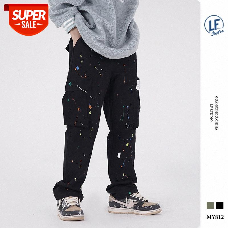 

LawFoo men's trousers with splashed ink and colorful dots printing pocket casual pants #ZU8D, Black
