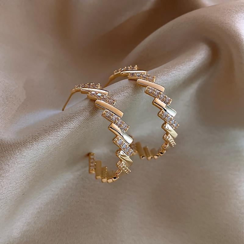 

Hoop & Huggie Korean Fashion Jewelry Exquisite 14K Real Gold Inlaid Zircon Big Round Earrings Elegant Temperament Women Simple