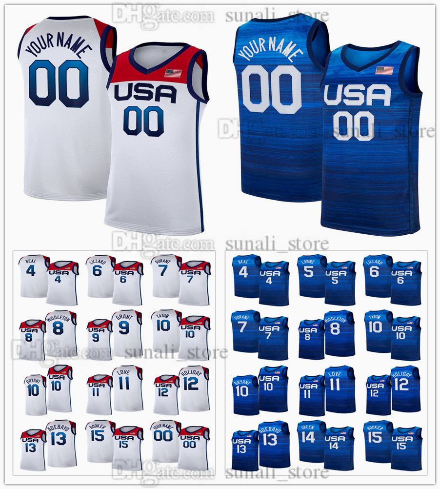 

Basketball Jerseys USA Olympics Kevin 7 Durant 15 Devin Booker 6 Damian Lillard 10 Jayson Tatum Bradley Beal Zach LaVine Khris Middleton Bam Adebayo 2021 Navy White, Men red