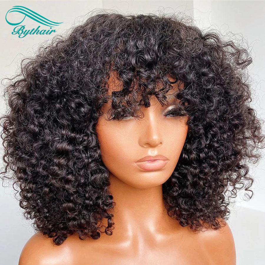

Bythair 200 Density Human Hair Wigs With Bangs Scalp Top Full Machine Made Wig Virgin Brazilian Short Curly Wig For Women, #2
