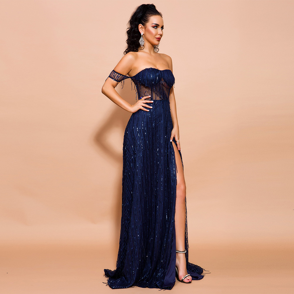 

2021 New Spring Autumn Women Sexy Off Shoulder Glitter Es Female High Split Maxi Elegant Backless Sexy&club Solid Empire Oa06, Picture