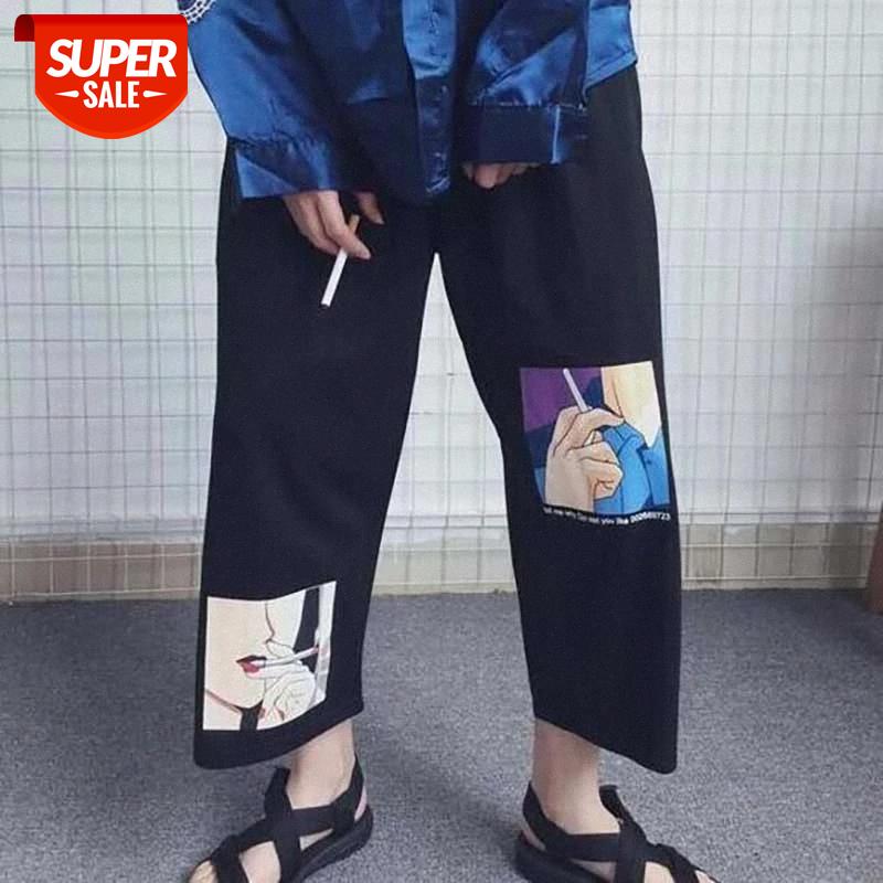 

Loose Japanese Streetwear Wide Leg Pants Cartoon Graphic Print Trousers 2020 Summer Prepple Style Straight Pants #Ul2E, Black;white