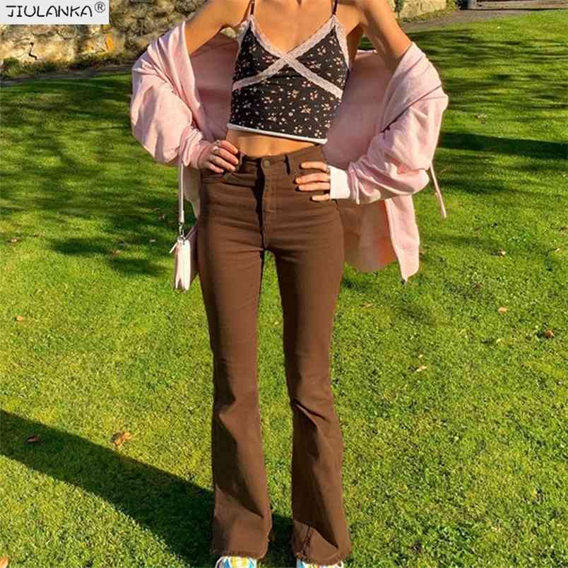 

Women's stretch Flared brown jeans woman high waist black Jeans Pants undefined pants Jean women clothing trousers 210708, Flared khaki pants