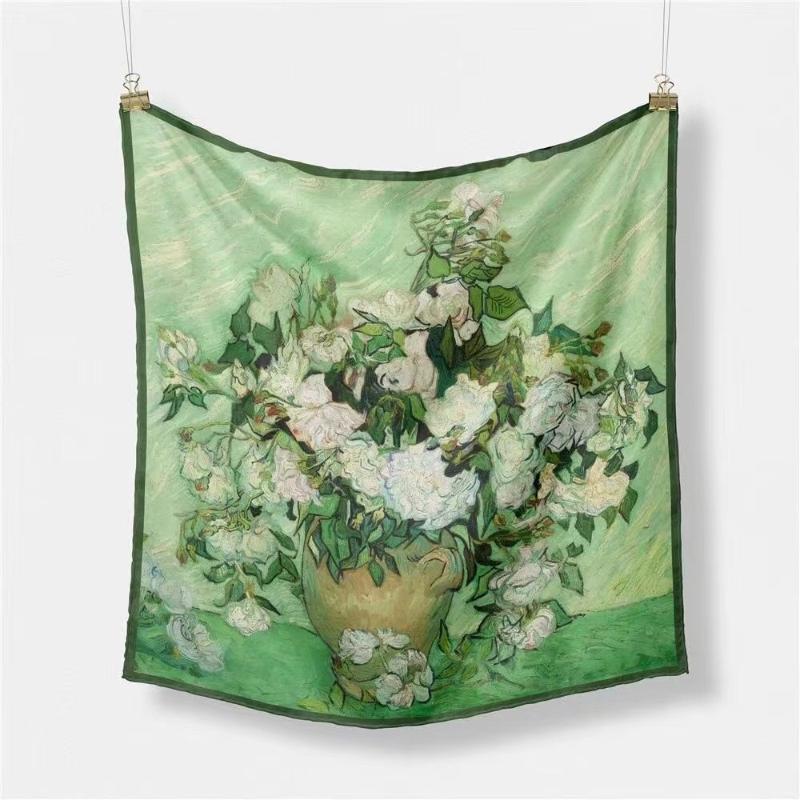 

Scarves 53CM Fashion Oil Painting Square Ladies Print Soft Shawls Wraps Twill Silk Girls Hair Tie Bandanna Hijab Accessories