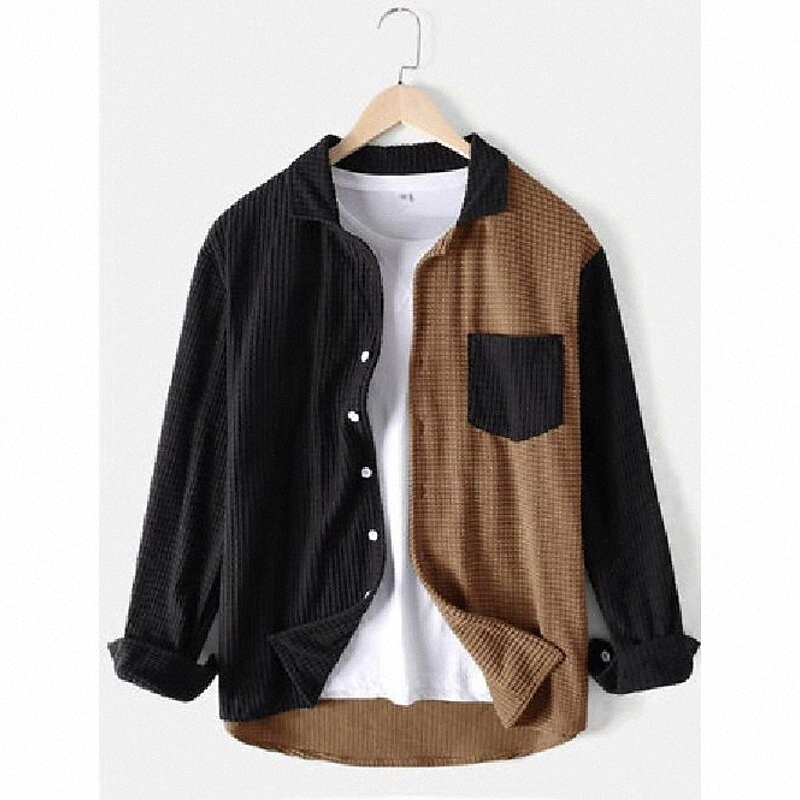 mens colorblock patchwork corduroy long sleeve lapel casual shirts M1m6#