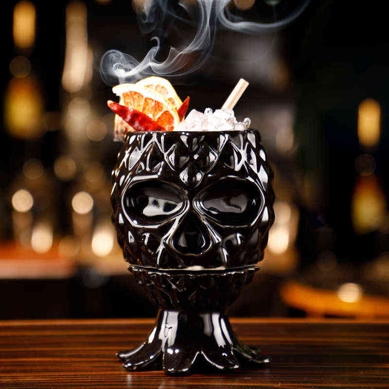 

Hawaii Ceramic Tiki Mug Deep Black Skull Octopus With Lid Pineapple Molecular Cocktail Porcelain Beer Wine Mug Cup Bar Tool G1126, Yellow