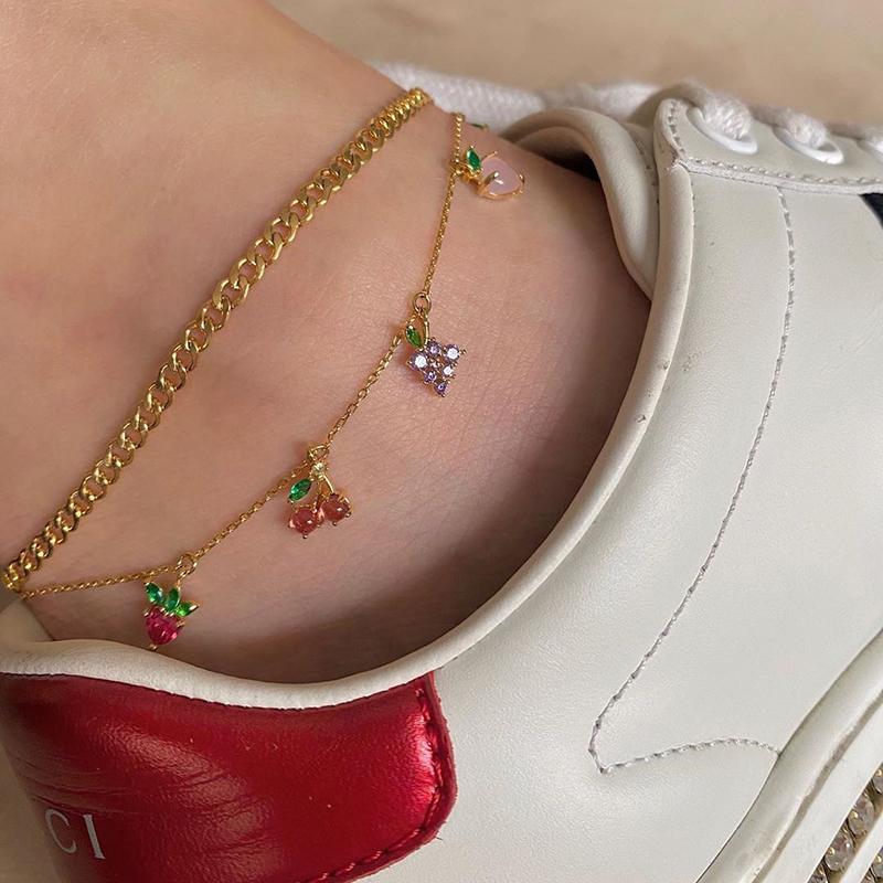 

Anklets 2Pcs/Set 2021 Fashion Crystal Cherry Anklet For Women Gold Color Sweet Fruit Foot Bracelet Accessories Gift, Red;blue