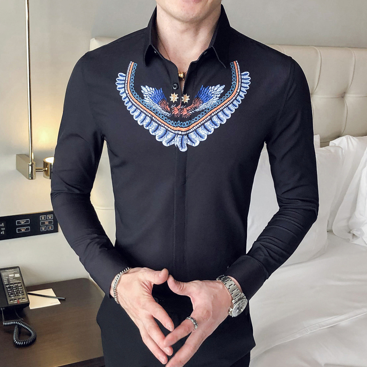 

2021 New Embroidery Men Casual Slim Fit Male Luxury Retro Club Party Vintage Tuxedo Shirt Camisa Social Masculina Zsko, Black