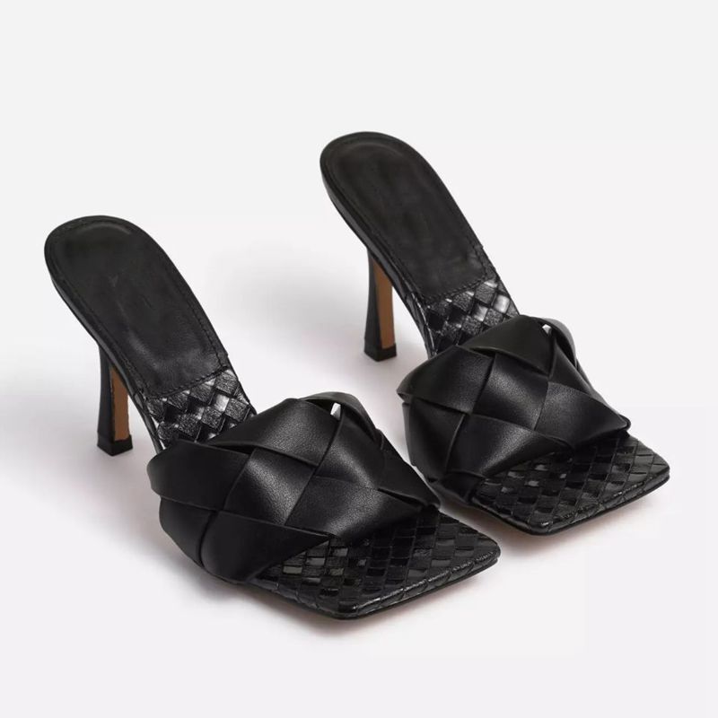 

2021 New Hot Spring Plush Slippers Leather Mules High Heels Woman Square Open Toe Brand Ladies Summer Slides Sexy Party Shoes M91Y, Black