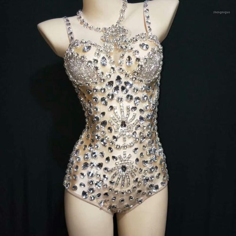 

Sexy Rhinestone Nude Strip Bodysuit Sparkly Crystal Rompers Women Jumpsuit Female Singer Nightclub Wedding Stage Leotard Costume Women's Jum, Beige