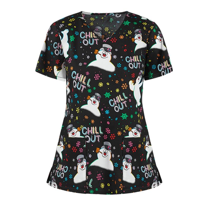 

Women' T-Shirt Christmas Printing Tops Unisex Pet Clinic Scrubs Workwear Short Sleeved V-neck Work Care Costume
