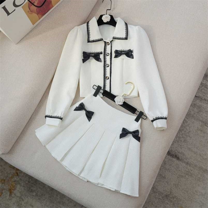 

Autumn Small Fragrance Two Piece Set Women Crop Top Bow Short Jacket Coat + Pleated Mini Skirts Sets Korean Sweet 2 Piece Suits 211109, White