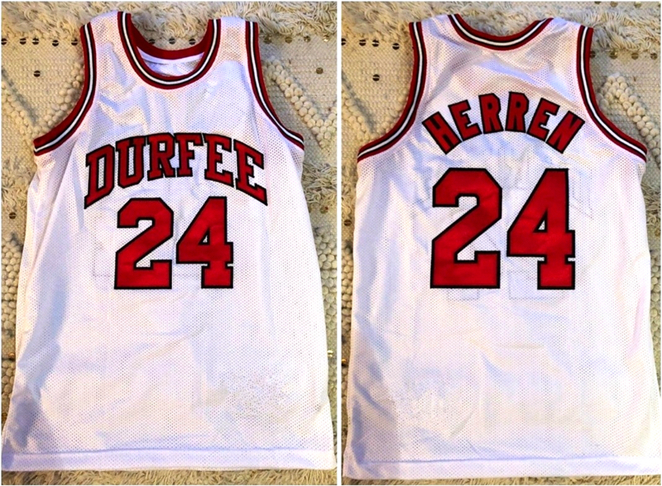 

Throwback 1990-1994 B.M.C. Durfee Basketball Jersey High School white #24 Chris Herren jerseys Mens Stitched Custom made size S-5XL