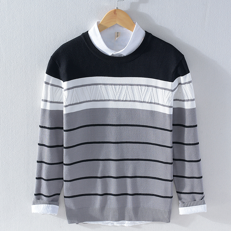 

2021 New Style Long-sleeved Brand Sweaters Fashion Comfortable for Men Casual Striped Sweater Mens Sweatshirt Svetr Ubwu, Gray