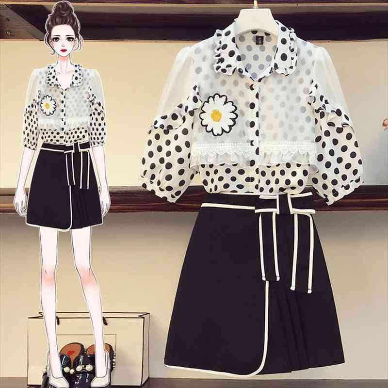 

separately summer 2 piece set women lace trim sequins flower dot chiffon shirt sashes bow mini suits female outfits, Gray