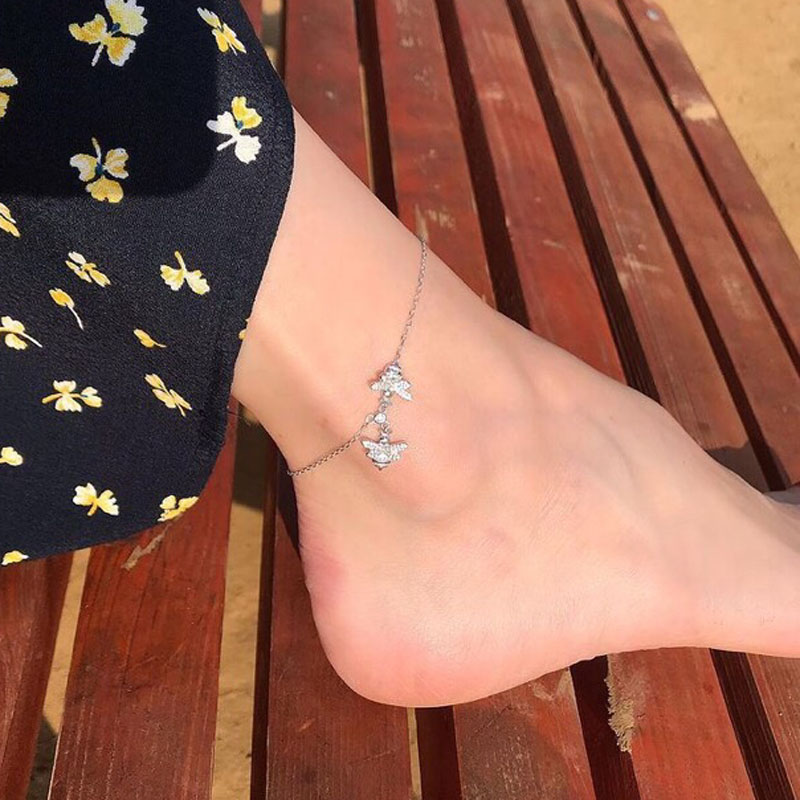 

SLJELY Fashion Real 925 Sterling Silver Double Bee Anklet Chain Leg Bracelet Micro Zircon Women Girls Luxury Brand Foot Jewelry