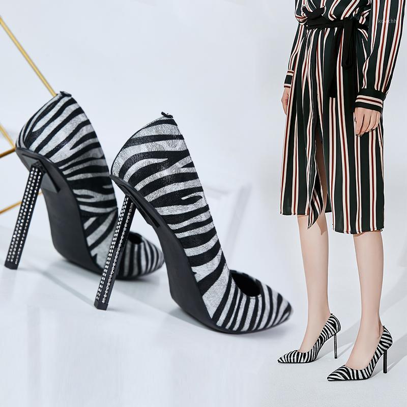 

High Heel Pointed Shoes Zebra Pattern Leather Sexy Stiletto Rhinestones With Shallow Mouth Fashion Dress, Blue