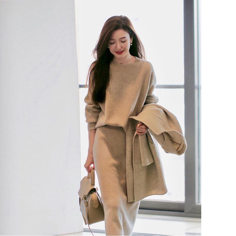 

Women' Two Piece Pants 2-piece Suit Female Spring/Autumn High-quality Full Padded Sweater Three-color Office Lady