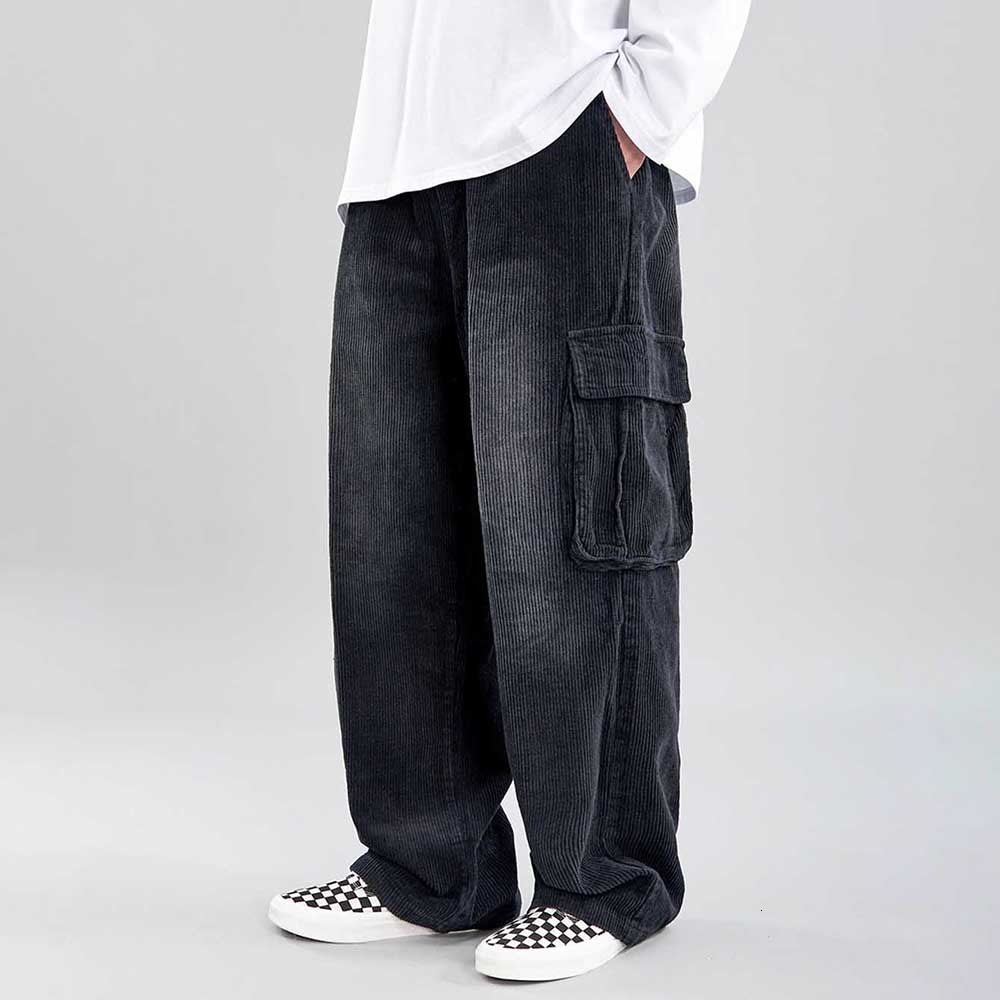 

2021 New Sled Veet Thick Male Cargo Multi-pocket Loose Elastic Baggy Waist Straight Pants Longer Clothes 7tv2, Black