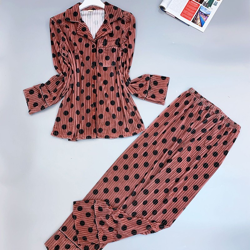 

Autumn New Velour 2pcs Pajamas Suit Women Polka Dot Home Wear Collar Shirt&pant Loose Sleepwear 01ri, Brown