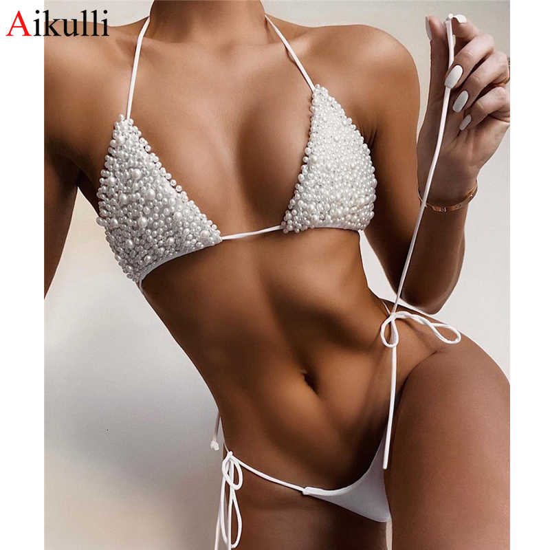 

2021 Pearl Swimsuits for Women Sexy Thong Two Piece Swimwear Summer Swimming Bathing Suits Woman Push Up Bikinis Set, White;black