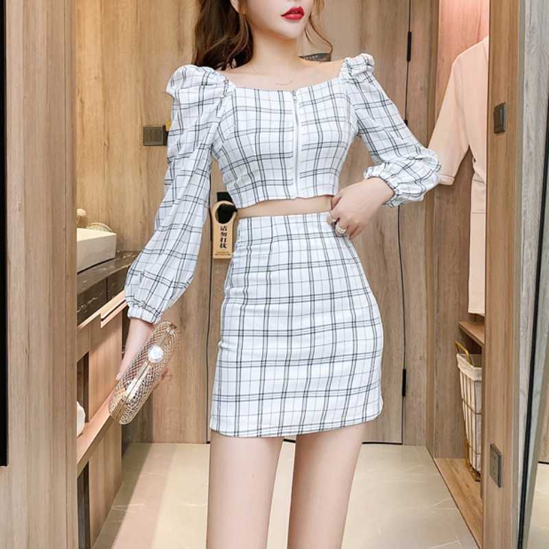 

Summer Women Two Piece Set Casual Sexy Plaid Puff Sleeve Short Shirt Top + High Waist Mini Skirt Suit Outfits 210526, White