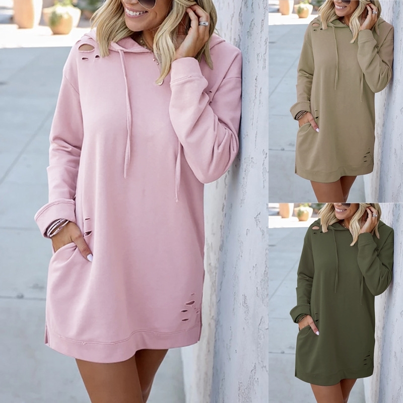 

Solid Color Women Hoodies Sweatshirts Long Sleeve Dress Vestidos Winter Woman Clothing Hooded Drawstring Pocket Pullover Dresses 210603, Khaki
