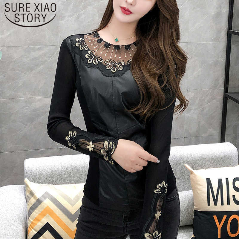 

Autumn Sexy Lace Black Hollow Women Blouses and Tops Winter Warm Long Sleeve Mesh Patchwork Diamond Bottoming Shirts 7843 50 210527