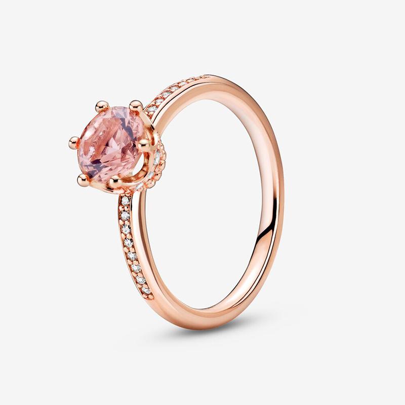 

925 Sterling Silver 2021 New Autumn Pink Sparkling Crown Solitaire Ring For Women Brand Original Rings Jewelry Gift