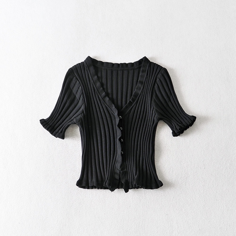 

White Gray Korea Sexy Wood ears Open Buttons V neck Short sleeve Tee Women Knitted Tight t shirt Front Slit Crop Tops Knitwear