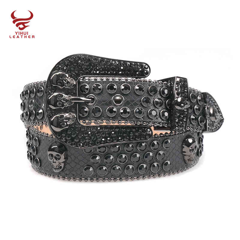 

Mens Wtern Cowboy Bling Diamond Pumpkin Studs Custom Removable Buckle Skull Black Rhintone Belt