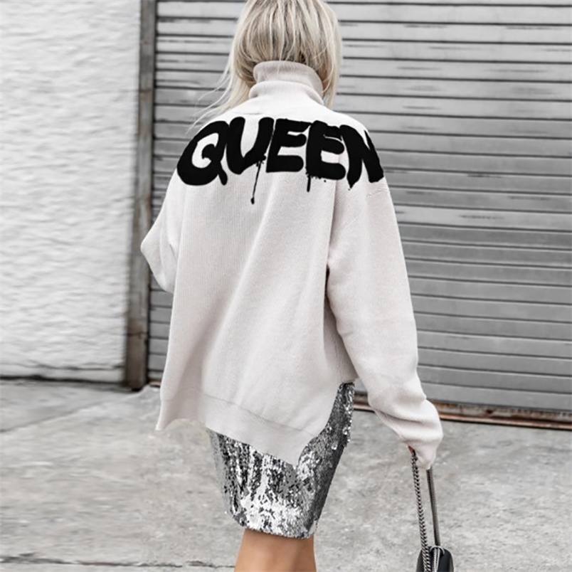 

Women Casual Turtleneck Queen Printed Sweatshirt Autumn Long Sleeve Oversize Pullover Tops Streetwear Fashion Side Split Hoodies 210910, White