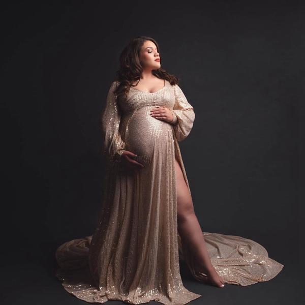 

Casual Dresses Sparkle Gold Sequins Latern Sleeves O-Neck Prom Gowns High End Side Split Long Maternity Dreses Plus Size Round Train Dress, Beige