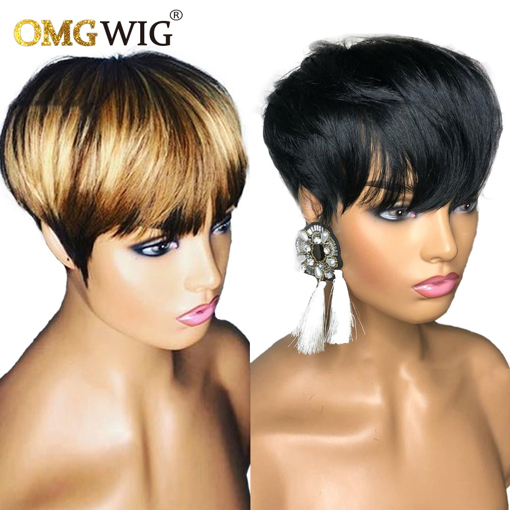 

New short Pixie Cut Brazilian Remy Human Hair Wigs For Women Natural black /ombre blonde none lace front Wigs, Customize