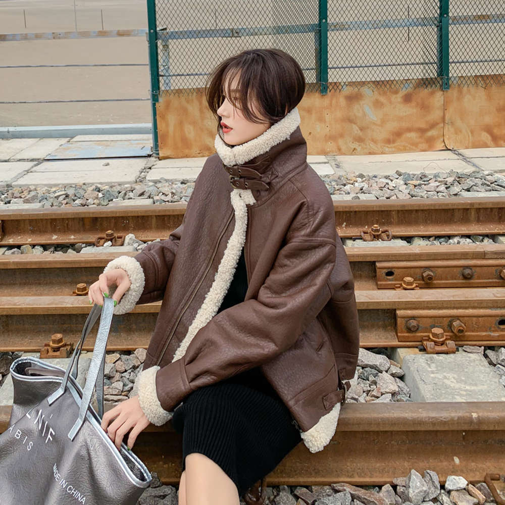 

Korean winter new thickened fur all in one lamb wool loose motorcycle coat Leather Women, Black