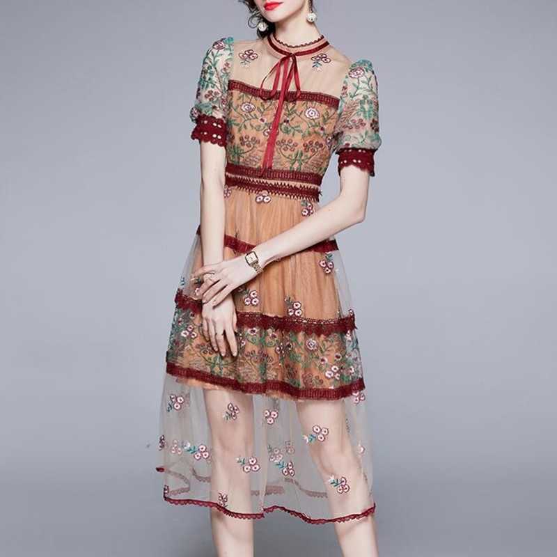 

ZAWFL Summer Elegant Short Sleeve Floral Printed Women Lace Dress Bow A-line Female Sweet Princess Vintage Ruffles Vestido 210525, Picture color