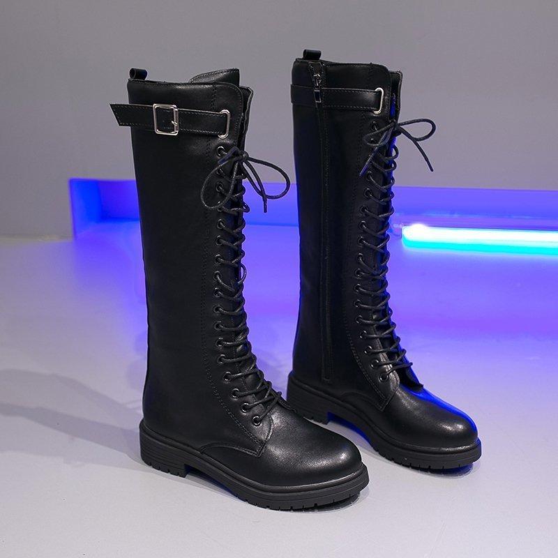 

middle heel 2021 autumn Leggings Knight boots show winter leather belt buckle with thin and thick, Black