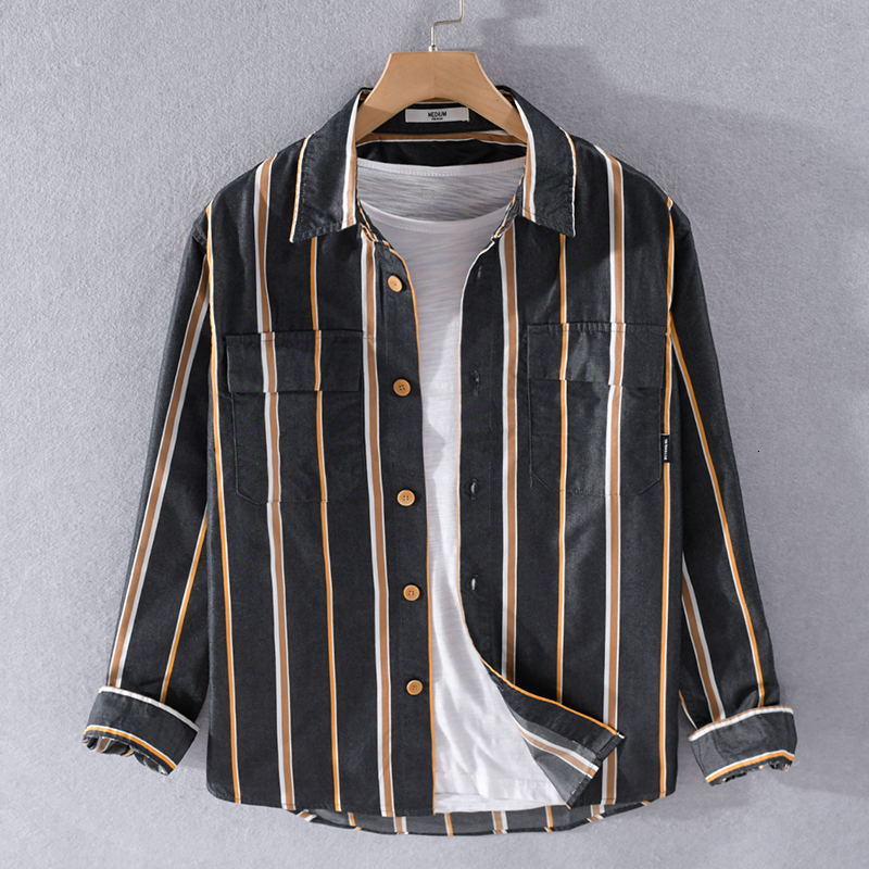 

2021 Summer and Autumn Italy Marks Striped Cotton for Casual Comfortable Shirts Stripe Men's Tops Lk8g, Apricot black strip