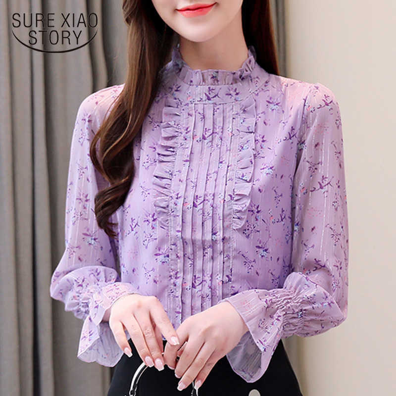 

Fashion Elegant Spring Chiffon Long Sleeve Floral Women Blouses and Tops Flare Sleeve Print Ladies Shirt Female 8219 50 210527, Purple