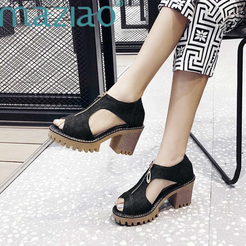 

Dress Shoes Denim Platform Sandals Women High Heel Zipper Summer Sweet Square Big Size Chaussures Femme Ete 2021 MAZIAO, Black