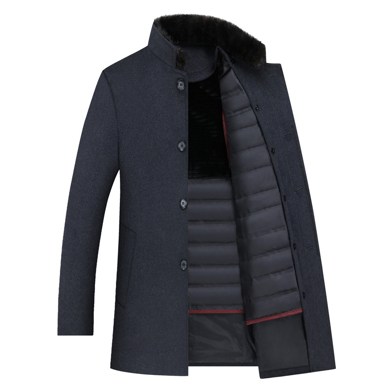 

2021 New Wool Thick Detachable Duck Down Liner Woolen Winter Warm Mens Trench Coat Long Overcoat Men England Style Wz4p, Navy blue