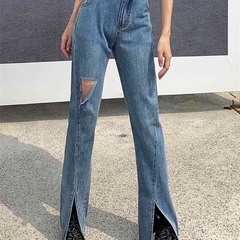

Ripped Flare Jeans for Women Split Pants Plus Size Wide Leg High Waist Clothing Denim Streetwear Bell Bottom 210607, Sky blue