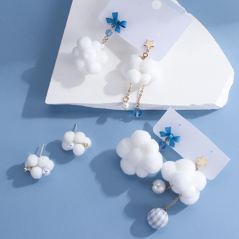 

Dangle & Chandelier Lifefontier Korean Asymmetric White Cloud Drop Earrings For Women Girls Cute Blue Bowknot Plush Ball Jewelry, Silver
