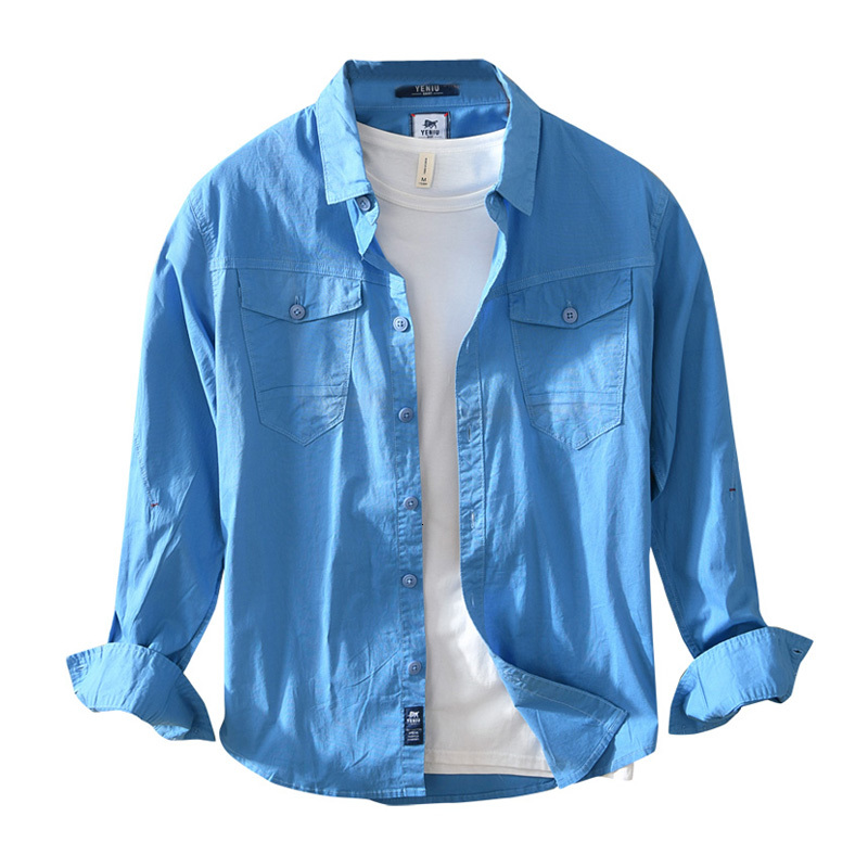 

2021 New Vintage Man Shirt Long Turn-down Collar Casual Tops Solid 100% Cotton Pocket Male Clothing Decoration L9bh, Green