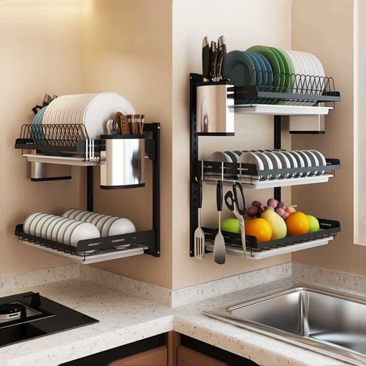 

304 Stainless Steel Kitchen Dish Rack Plate Cutlery Cup Dish Drainer Drying Rack Wall Mount Kitchen Organizer Storage Holder T200319