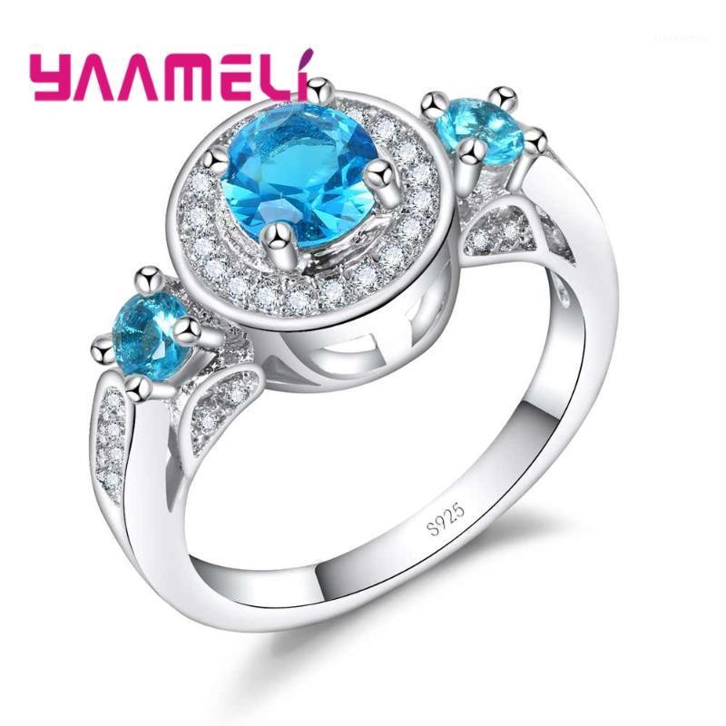 

Cluster Rings Romantic Blue Round Crystal Stone Ring 925 Sterling Silver Engagement Anniversary Jewelry For Women Thanksgiving, Golden;silver