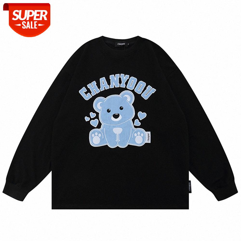 

Bear embroidery long-sleeved T-shirt men's street loose round neck compassionate lazy style pullover bottoming shirt #wc3t, White;black