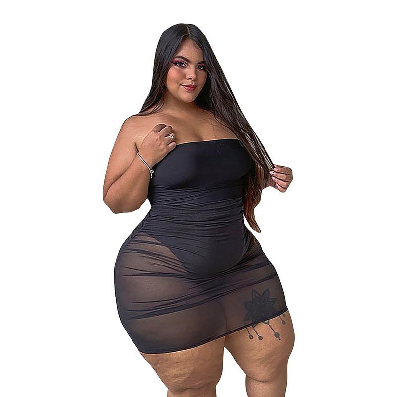 

Casual Dresses 2021 Fashion Summer Women's Plus Size Mesh See-Through Tube Top Dress Sexy / Nightclub Sleeveless Tight Mini, Black