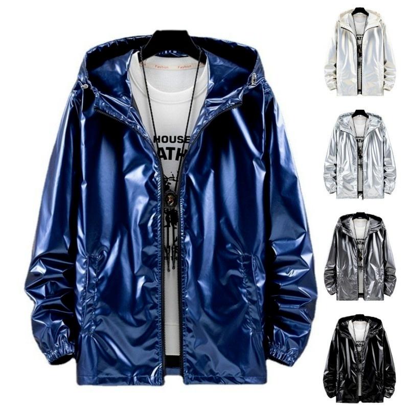

Men' Jackets Men Laser Hooded Coat Shiny Jacket Iridescent Holographic Harajuku Sun Protect Top Unisex Waterproof Outerwear Plus Size, Black